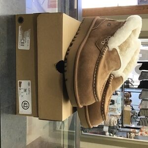 UGG Chestnut Suede Moccasin Slippers with Shearling Trim